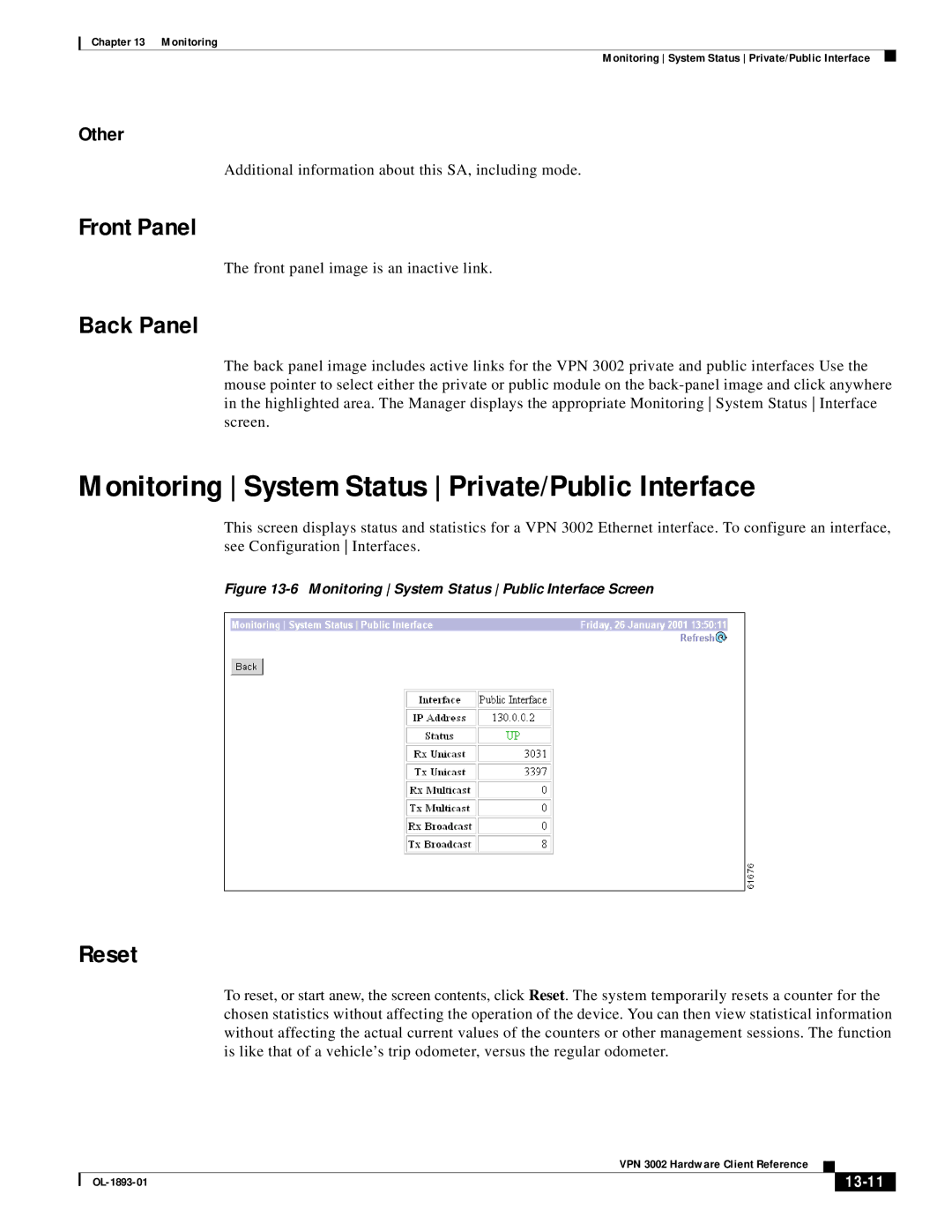 Cisco Systems VPN 3002 manual Monitoring System Status Private/Public Interface, Front Panel, Back Panel, Other, 13-11 