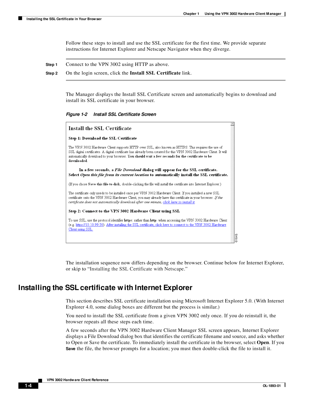 Cisco Systems VPN 3002 manual Installing the SSL certificate with Internet Explorer, Install SSL Certificate Screen 