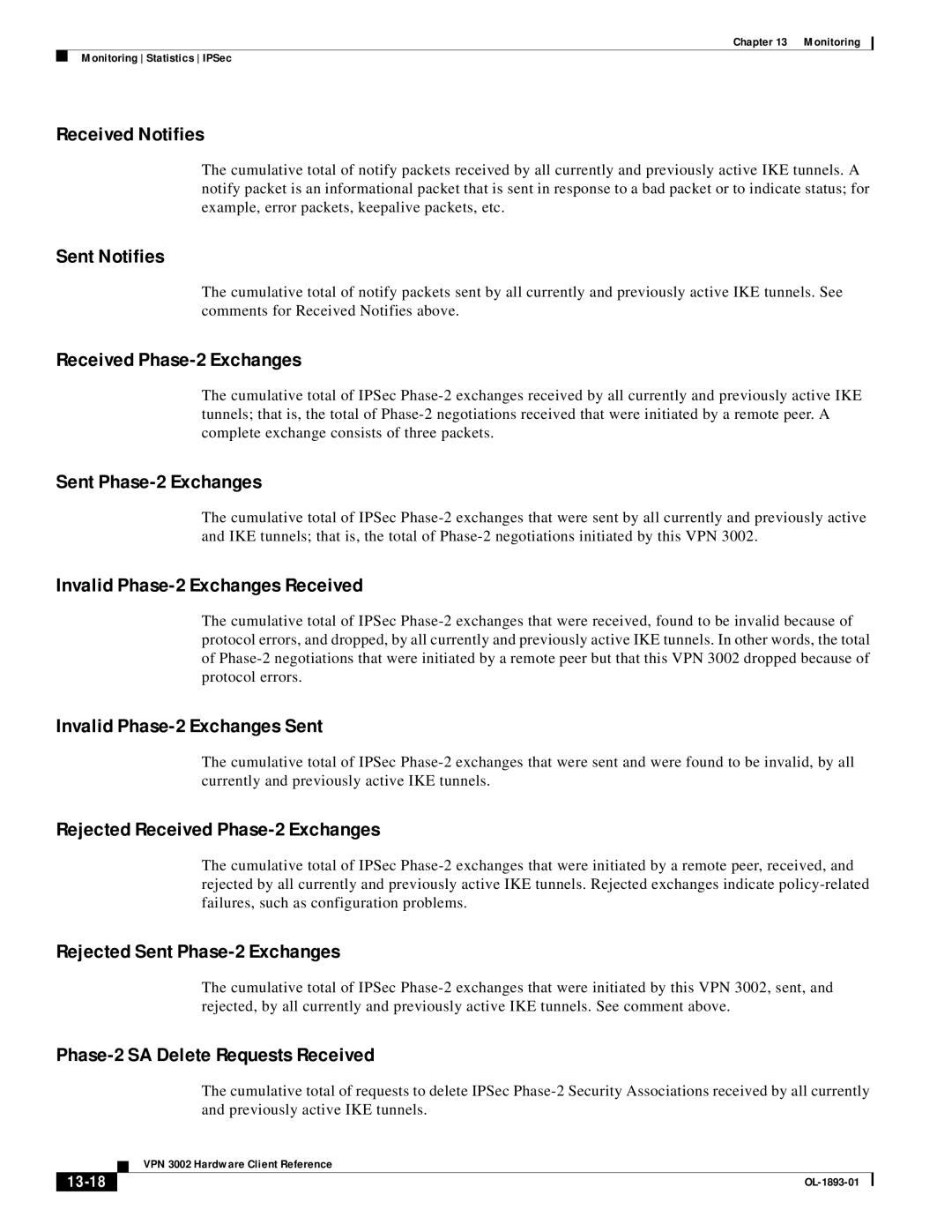 Cisco Systems VPN 3002 manual Received Notifies, Sent Notifies, Received Phase-2 Exchanges, Sent Phase-2 Exchanges 