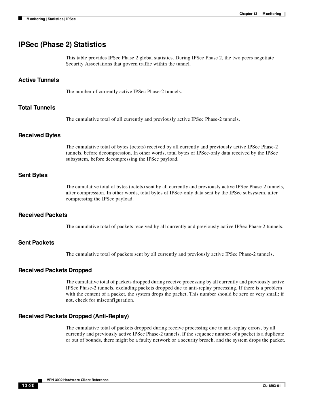 Cisco Systems VPN 3002 manual IPSec Phase 2 Statistics, Received Packets Dropped Anti-Replay, 13-20 
