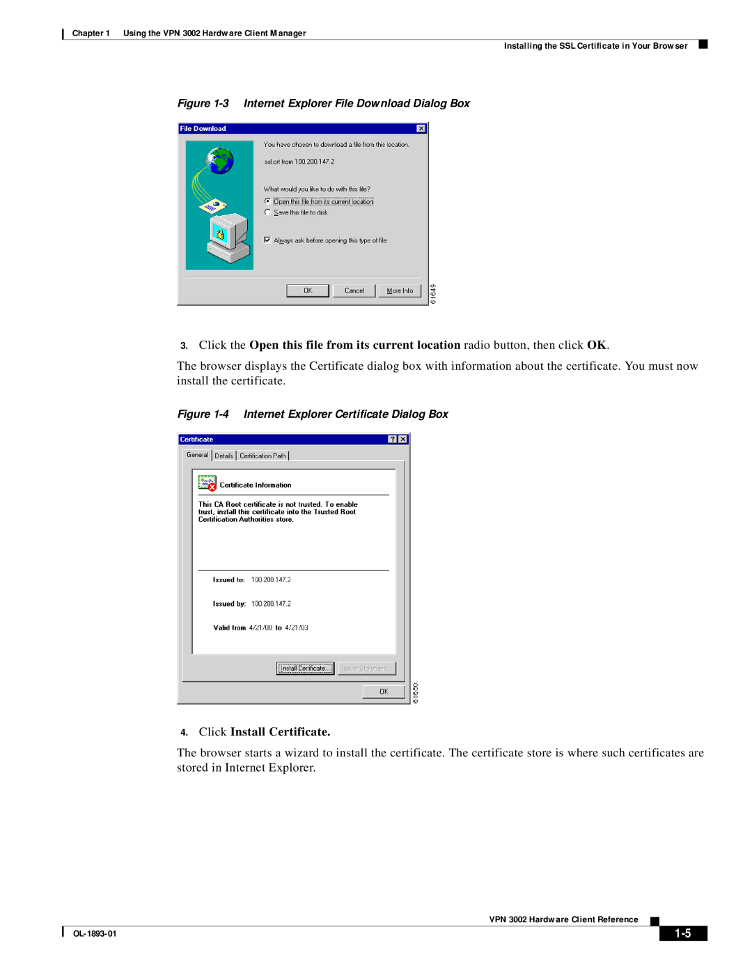 Cisco Systems VPN 3002 manual Click Install Certificate, Internet Explorer File Download Dialog Box 