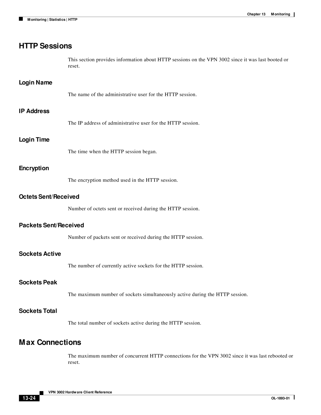 Cisco Systems VPN 3002 manual Http Sessions, Max Connections 