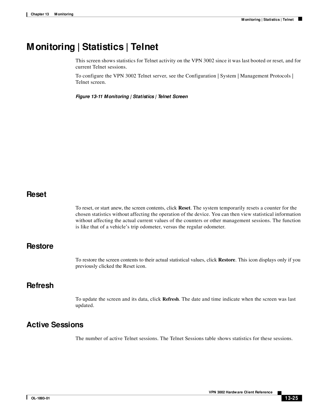 Cisco Systems VPN 3002 manual Monitoring Statistics Telnet, Active Sessions, 13-25 