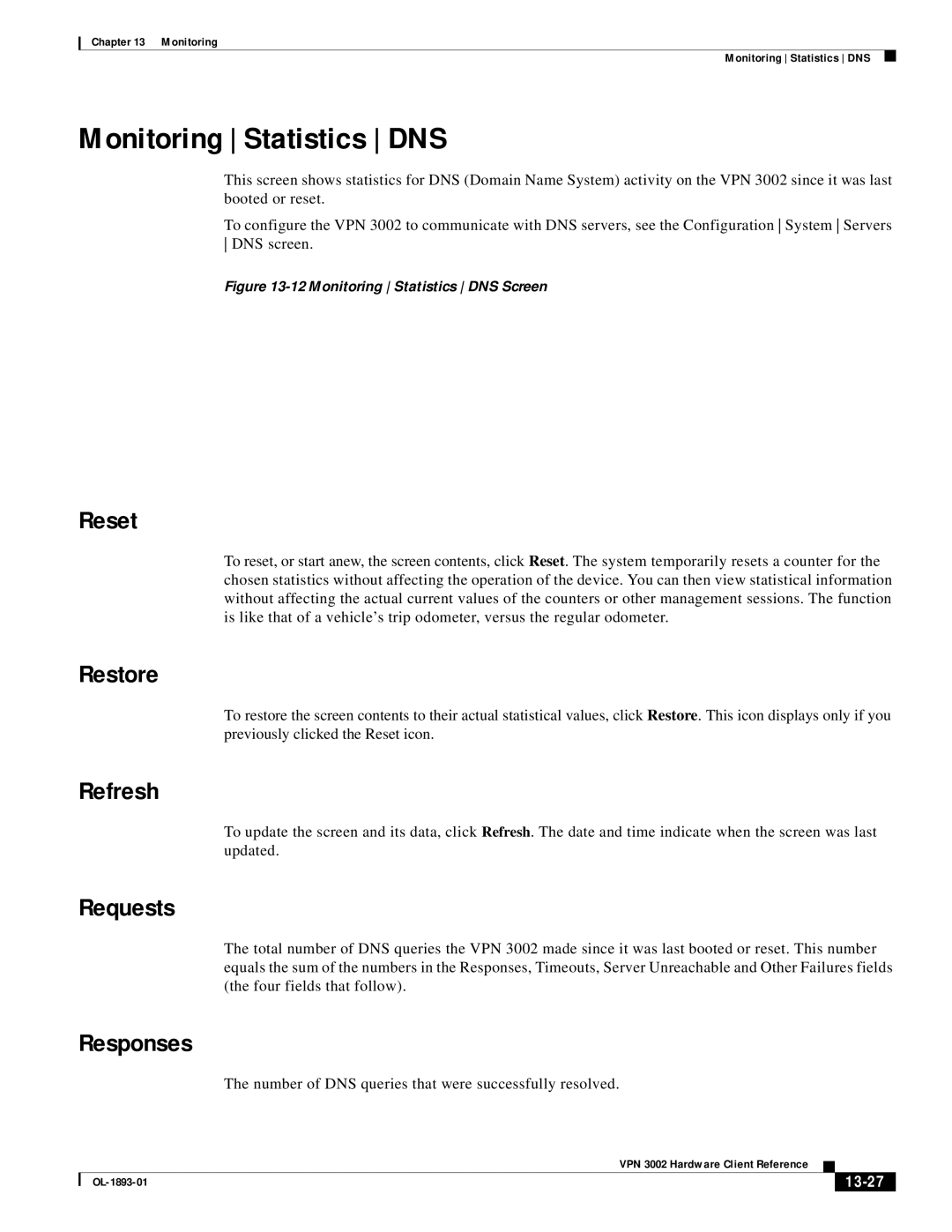 Cisco Systems VPN 3002 manual Monitoring Statistics DNS, Requests, Responses, 13-27 