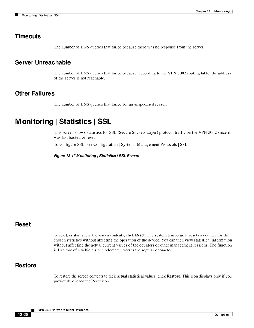 Cisco Systems VPN 3002 manual Monitoring Statistics SSL, Timeouts, Server Unreachable, Other Failures, 13-28 