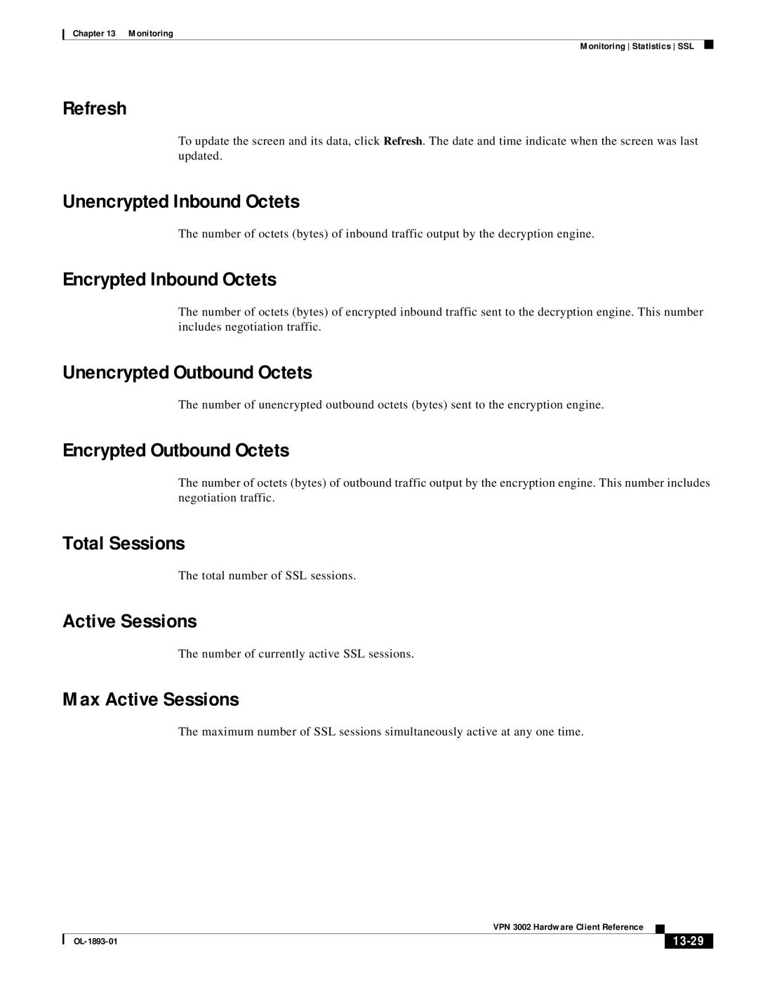 Cisco Systems VPN 3002 Unencrypted Inbound Octets, Encrypted Inbound Octets, Unencrypted Outbound Octets, Total Sessions 