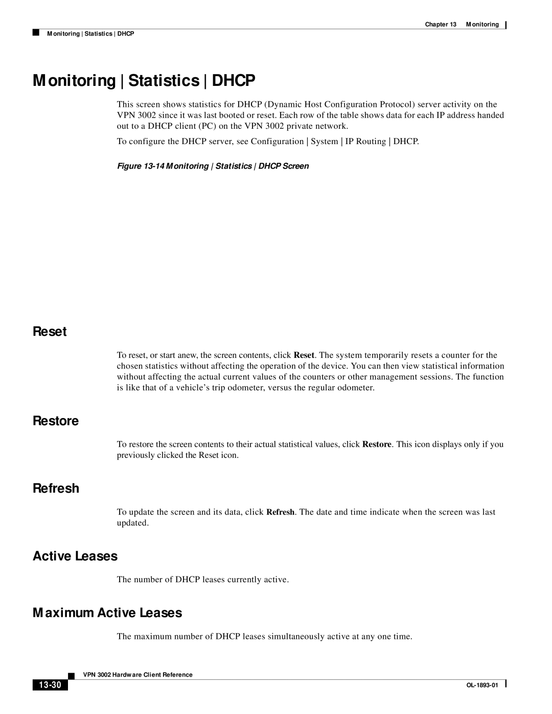 Cisco Systems VPN 3002 manual Monitoring Statistics Dhcp, Maximum Active Leases, 13-30 