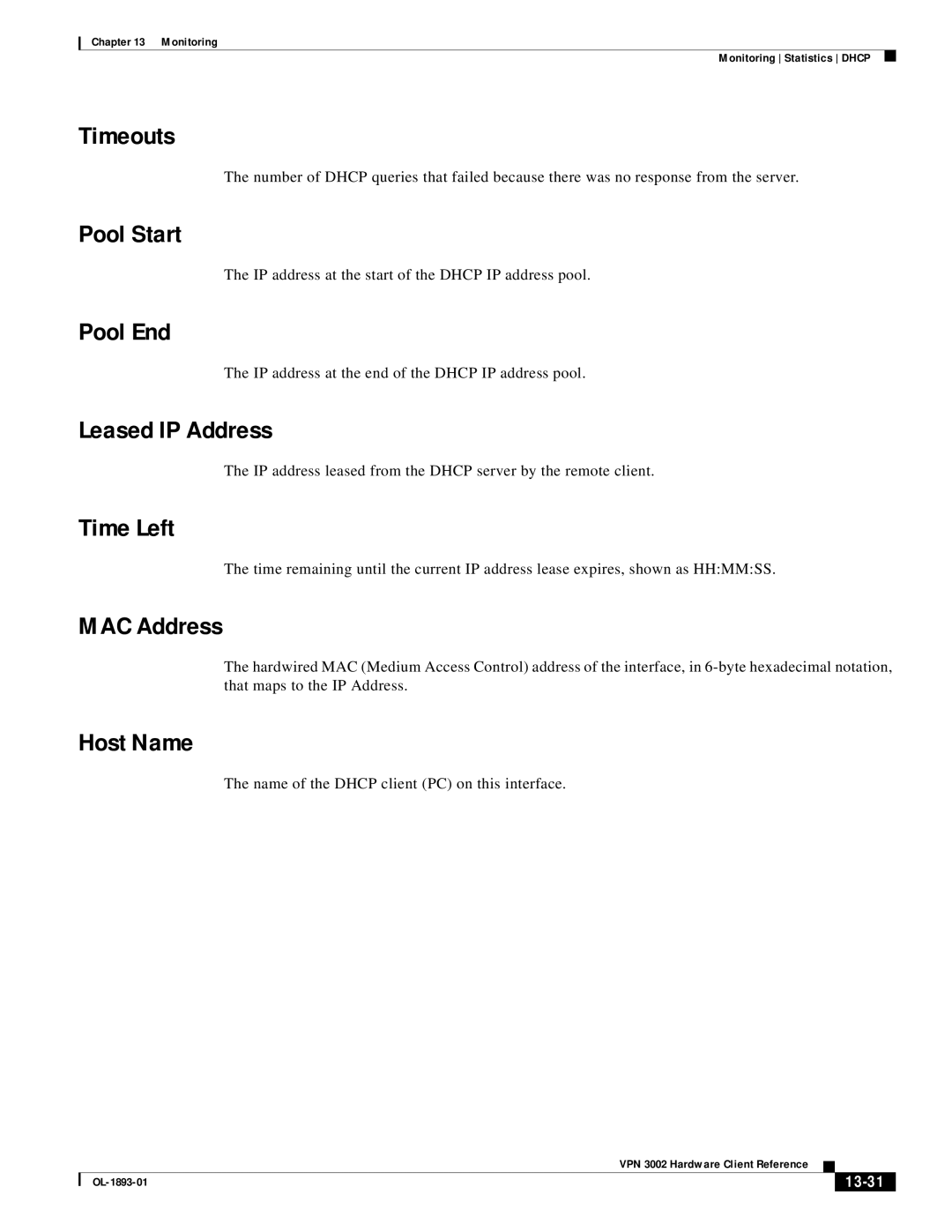 Cisco Systems VPN 3002 manual Pool Start, Pool End, Leased IP Address, Time Left, Host Name 