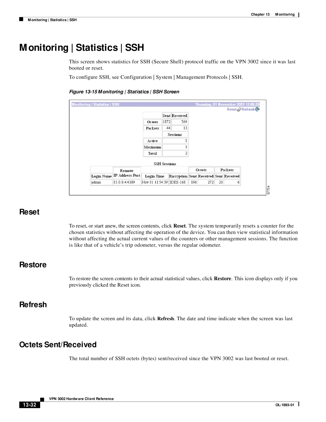 Cisco Systems VPN 3002 manual Monitoring Statistics SSH, 13-32 