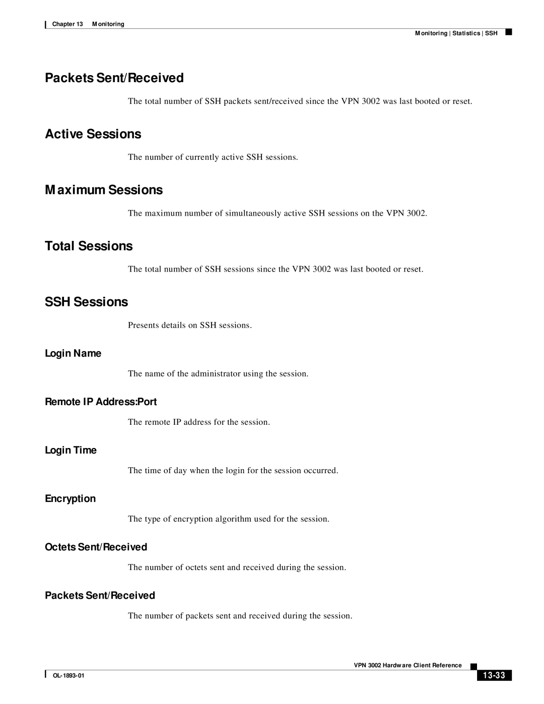 Cisco Systems VPN 3002 manual SSH Sessions, Remote IP AddressPort, 13-33 