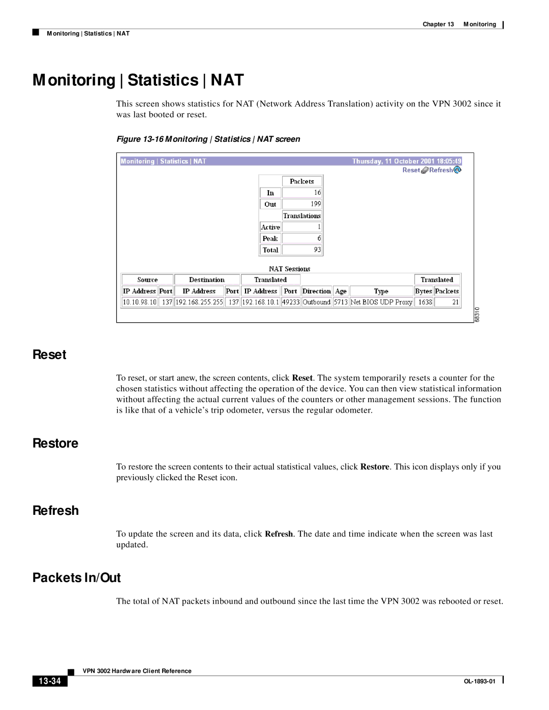 Cisco Systems VPN 3002 manual Monitoring Statistics NAT, Packets In/Out, 13-34 