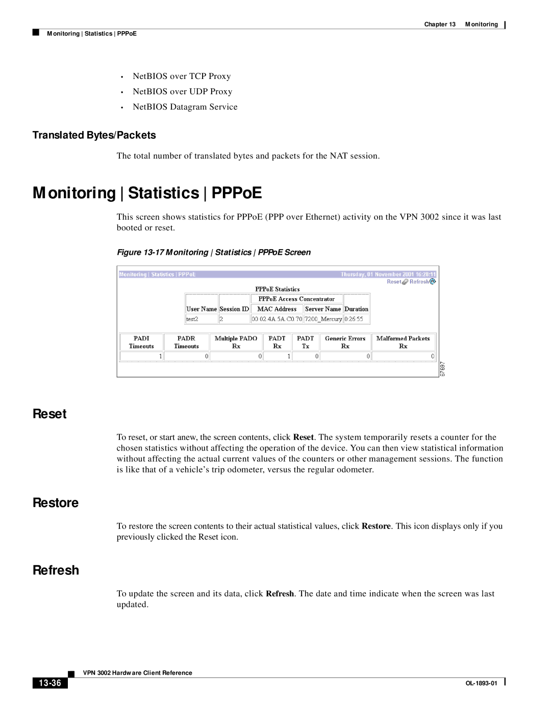 Cisco Systems VPN 3002 manual Monitoring Statistics PPPoE, Translated Bytes/Packets, 13-36 