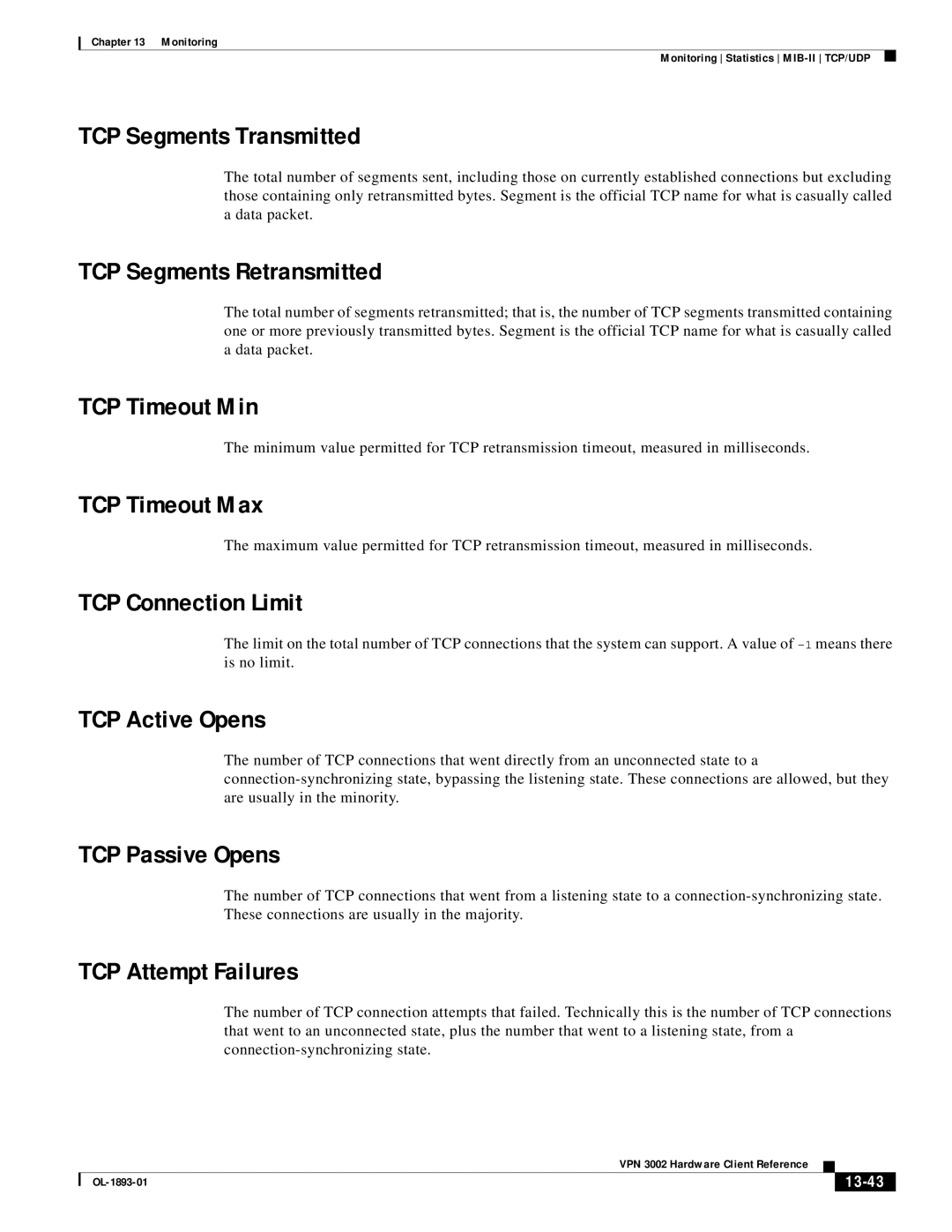 Cisco Systems VPN 3002 manual TCP Segments Transmitted, TCP Segments Retransmitted, TCP Timeout Min, TCP Timeout Max 