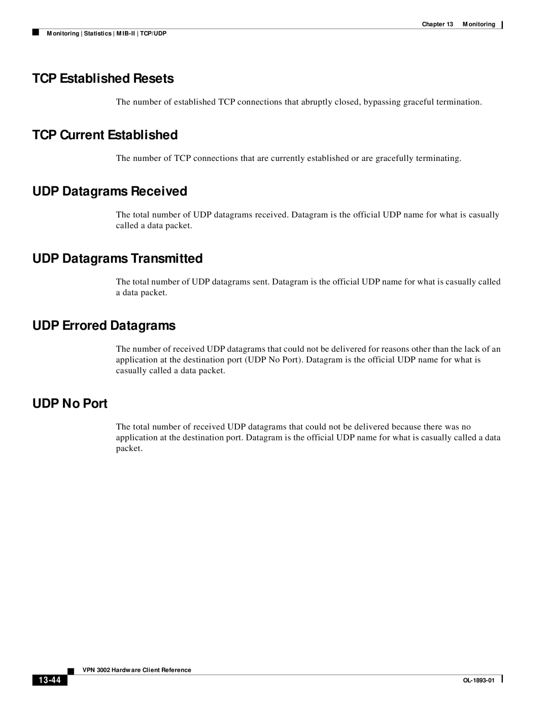 Cisco Systems VPN 3002 TCP Established Resets, TCP Current Established, UDP Datagrams Received, UDP Datagrams Transmitted 