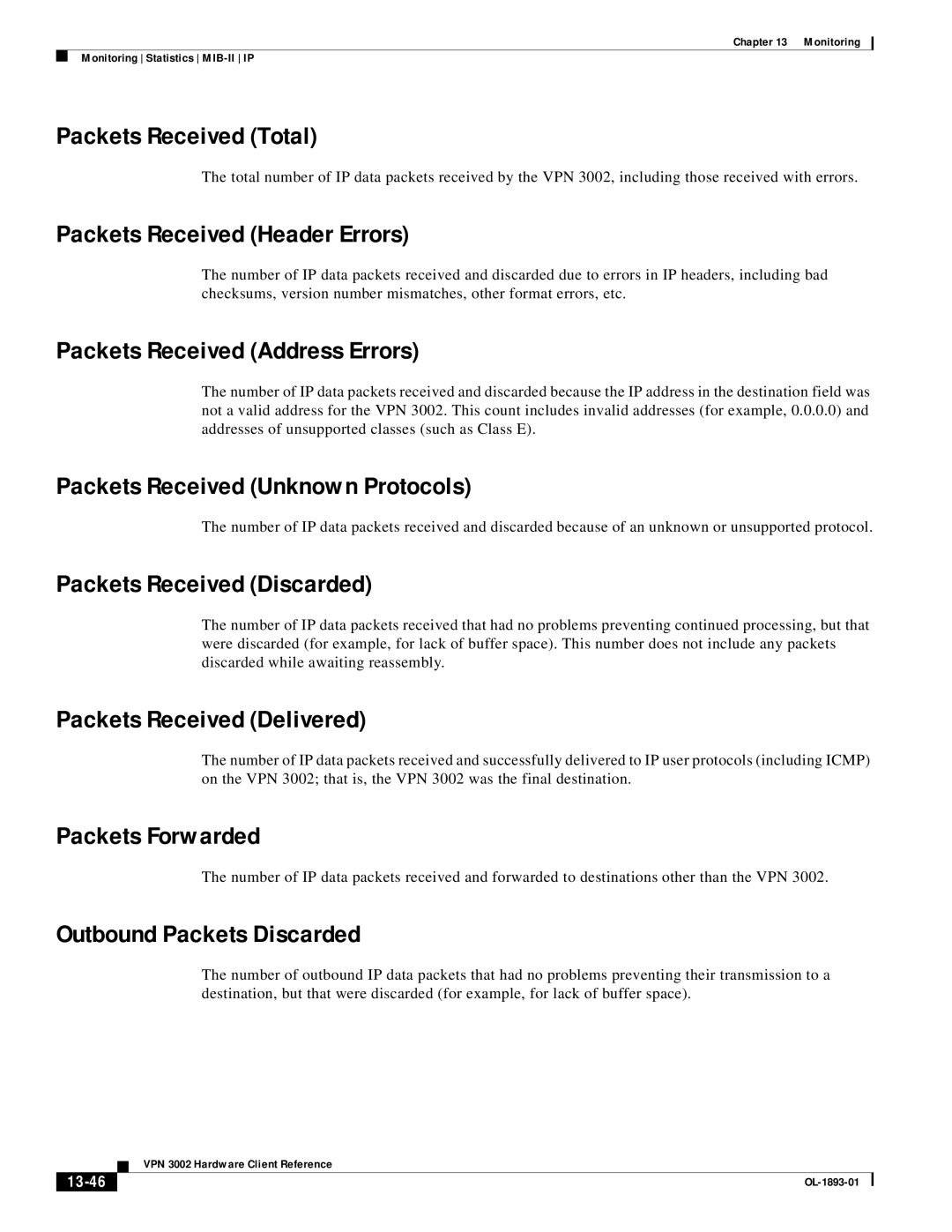 Cisco Systems VPN 3002 manual Packets Received Total, Packets Received Header Errors, Packets Received Address Errors 