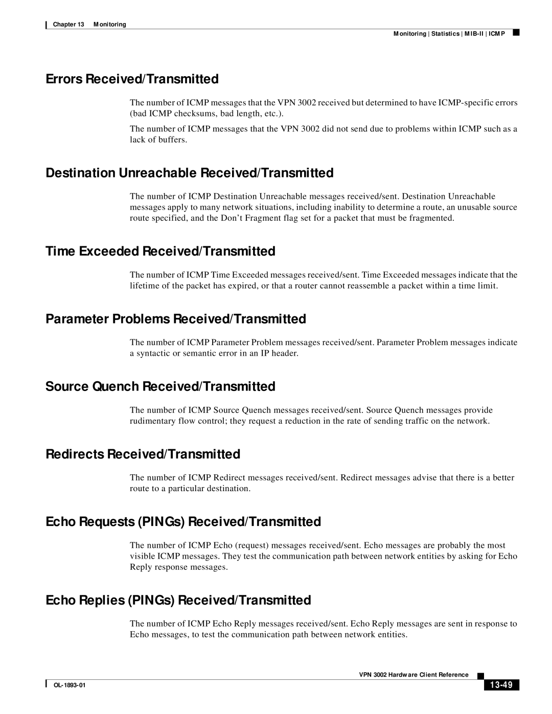 Cisco Systems VPN 3002 manual Errors Received/Transmitted, Destination Unreachable Received/Transmitted 