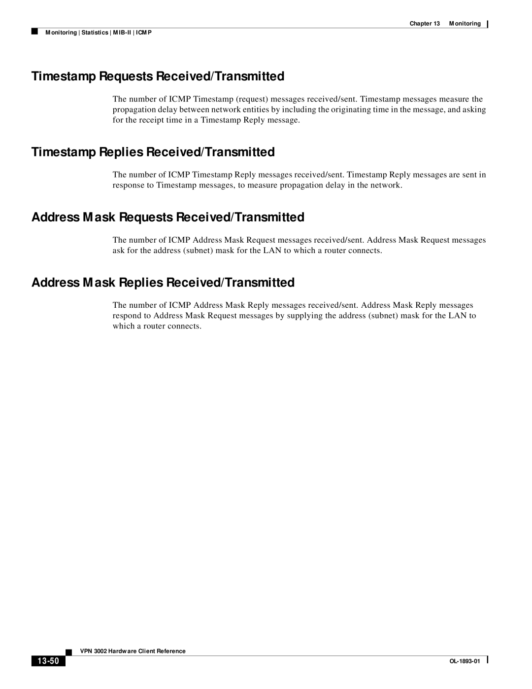 Cisco Systems VPN 3002 manual Timestamp Requests Received/Transmitted, Timestamp Replies Received/Transmitted, 13-50 