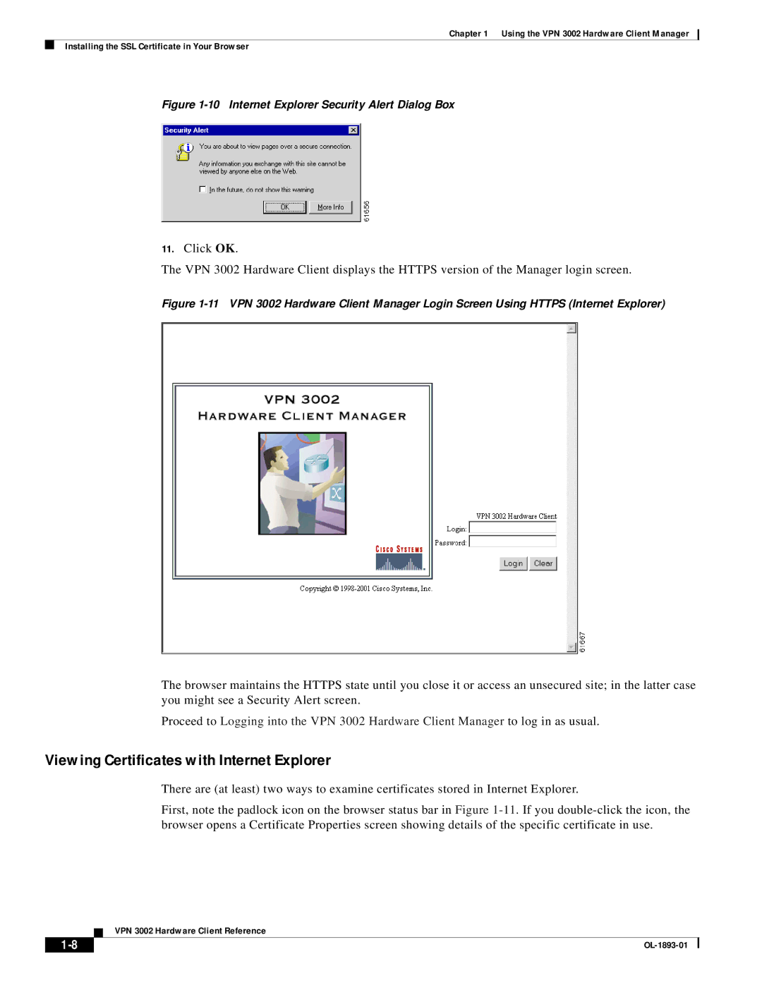 Cisco Systems VPN 3002 manual Viewing Certificates with Internet Explorer, Internet Explorer Security Alert Dialog Box 