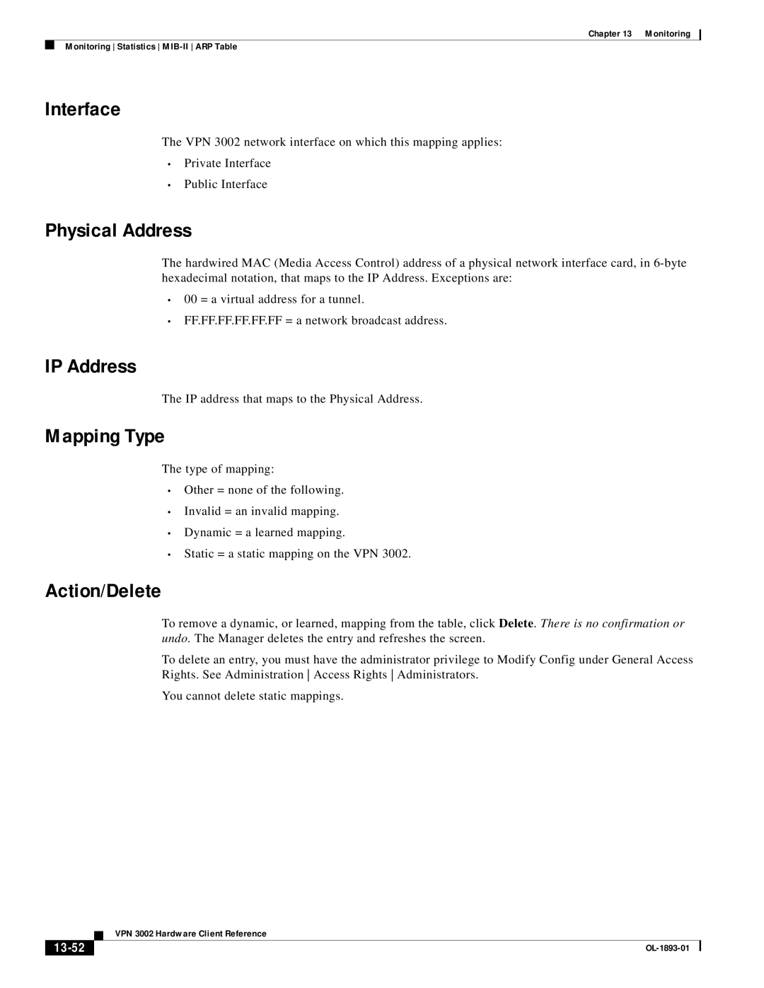 Cisco Systems VPN 3002 manual Physical Address, Mapping Type, Action/Delete, 13-52 