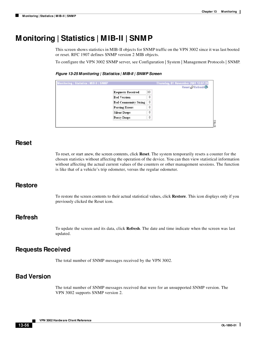 Cisco Systems VPN 3002 manual Monitoring Statistics MIB-II Snmp, Requests Received, Bad Version, 13-56 