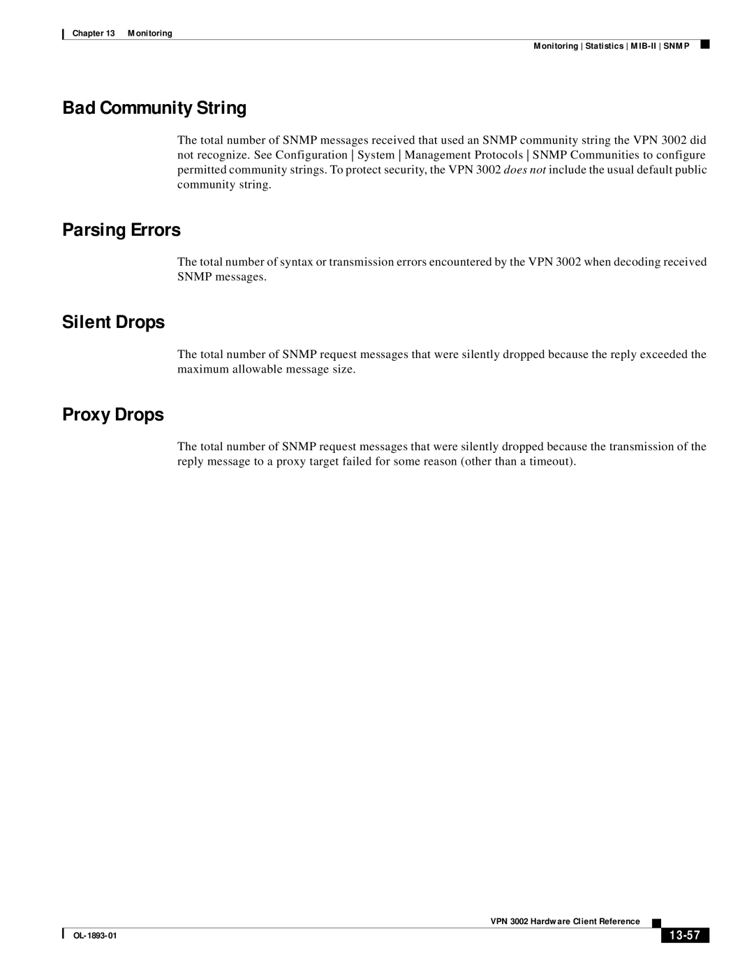 Cisco Systems VPN 3002 manual Bad Community String, Parsing Errors, Silent Drops, Proxy Drops, 13-57 