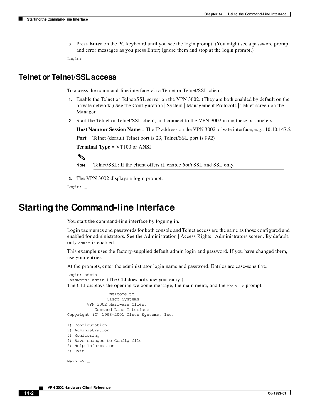 Cisco Systems VPN 3002 manual Starting the Command-line Interface, Telnet or Telnet/SSL access, 14-2 