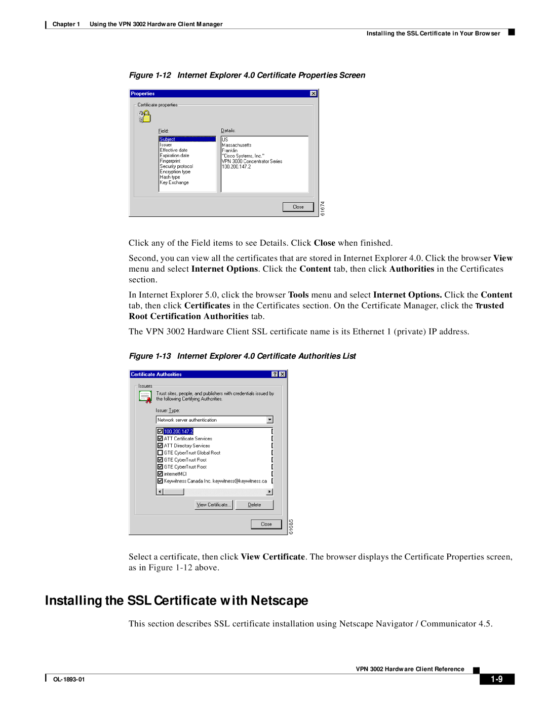 Cisco Systems VPN 3002 Installing the SSL Certificate with Netscape, Internet Explorer 4.0 Certificate Properties Screen 