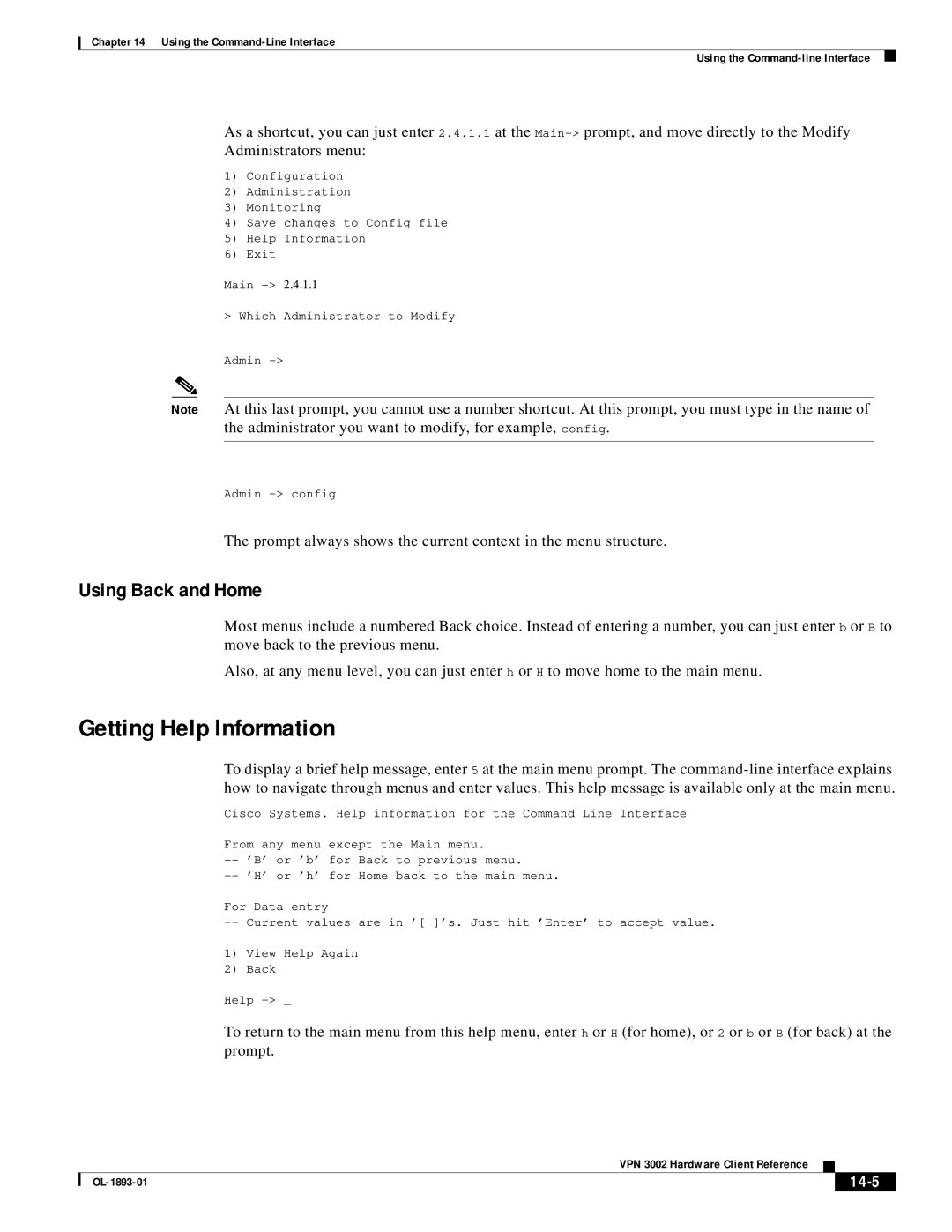 Cisco Systems VPN 3002 manual Getting Help Information, Using Back and Home, 14-5 