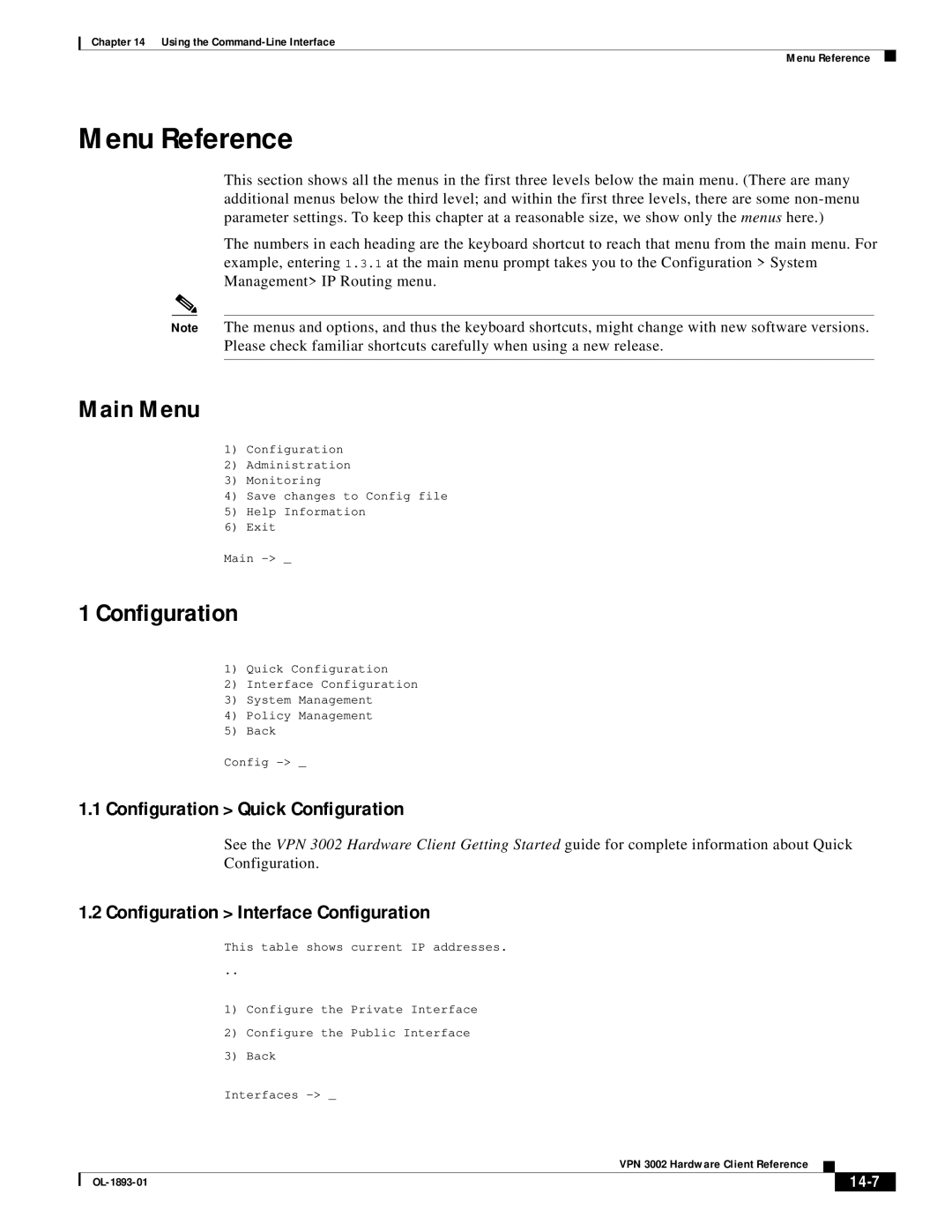 Cisco Systems VPN 3002 Menu Reference, Main Menu, Configuration Quick Configuration, Configuration Interface Configuration 