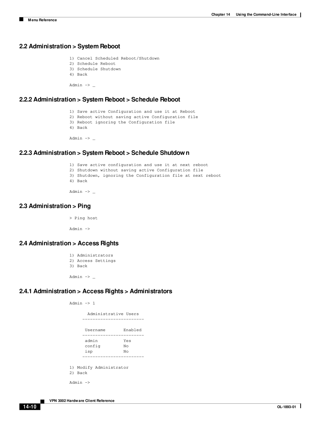 Cisco Systems VPN 3002 Administration System Reboot Schedule Reboot, Administration System Reboot Schedule Shutdown 