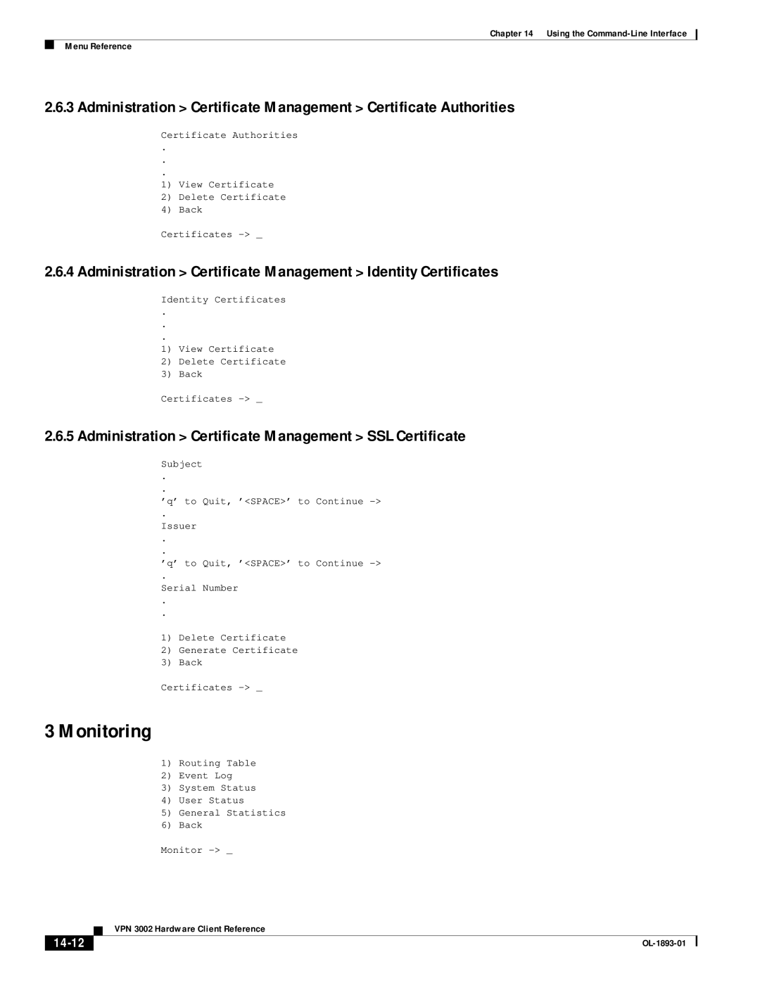 Cisco Systems VPN 3002 manual Monitoring, Administration Certificate Management Identity Certificates, 14-12 