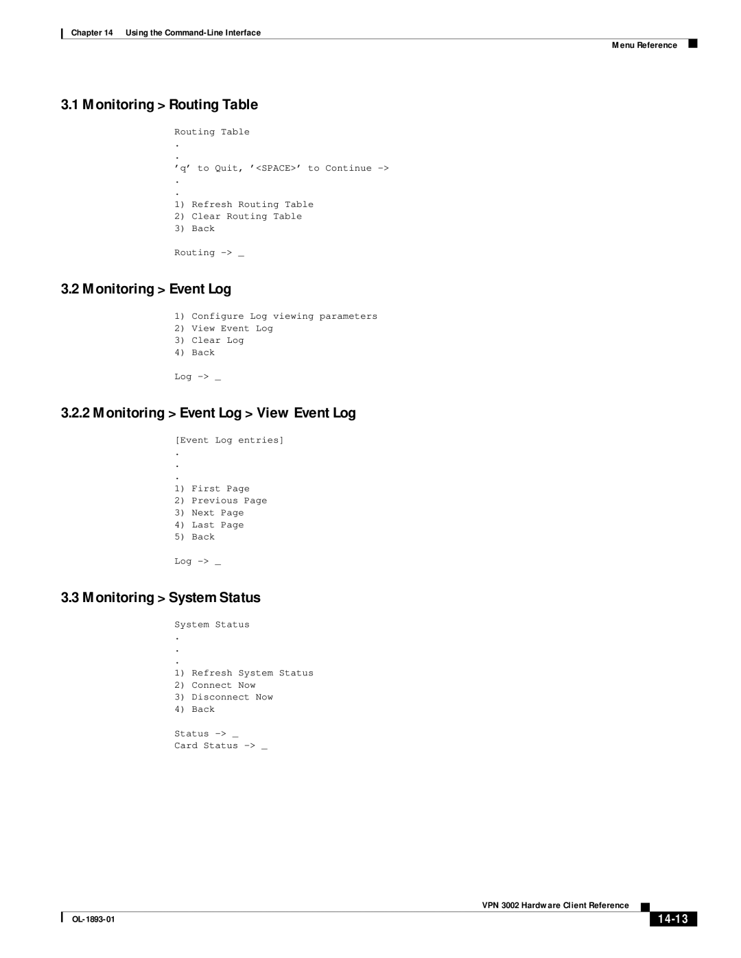 Cisco Systems VPN 3002 Monitoring Routing Table, Monitoring Event Log View Event Log, Monitoring System Status, 14-13 