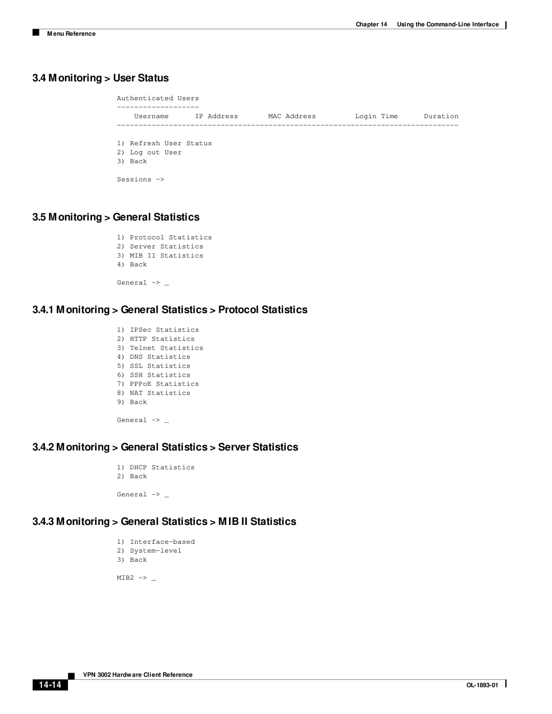 Cisco Systems VPN 3002 manual Monitoring User Status, Monitoring General Statistics 