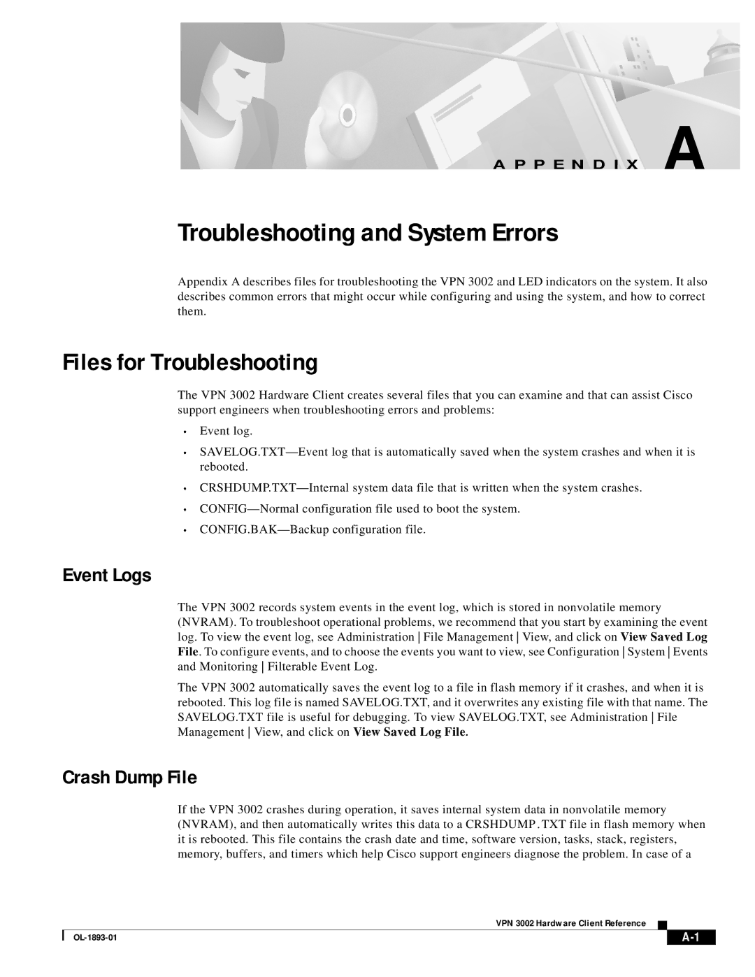 Cisco Systems VPN 3002 manual Files for Troubleshooting, Event Logs, Crash Dump File 