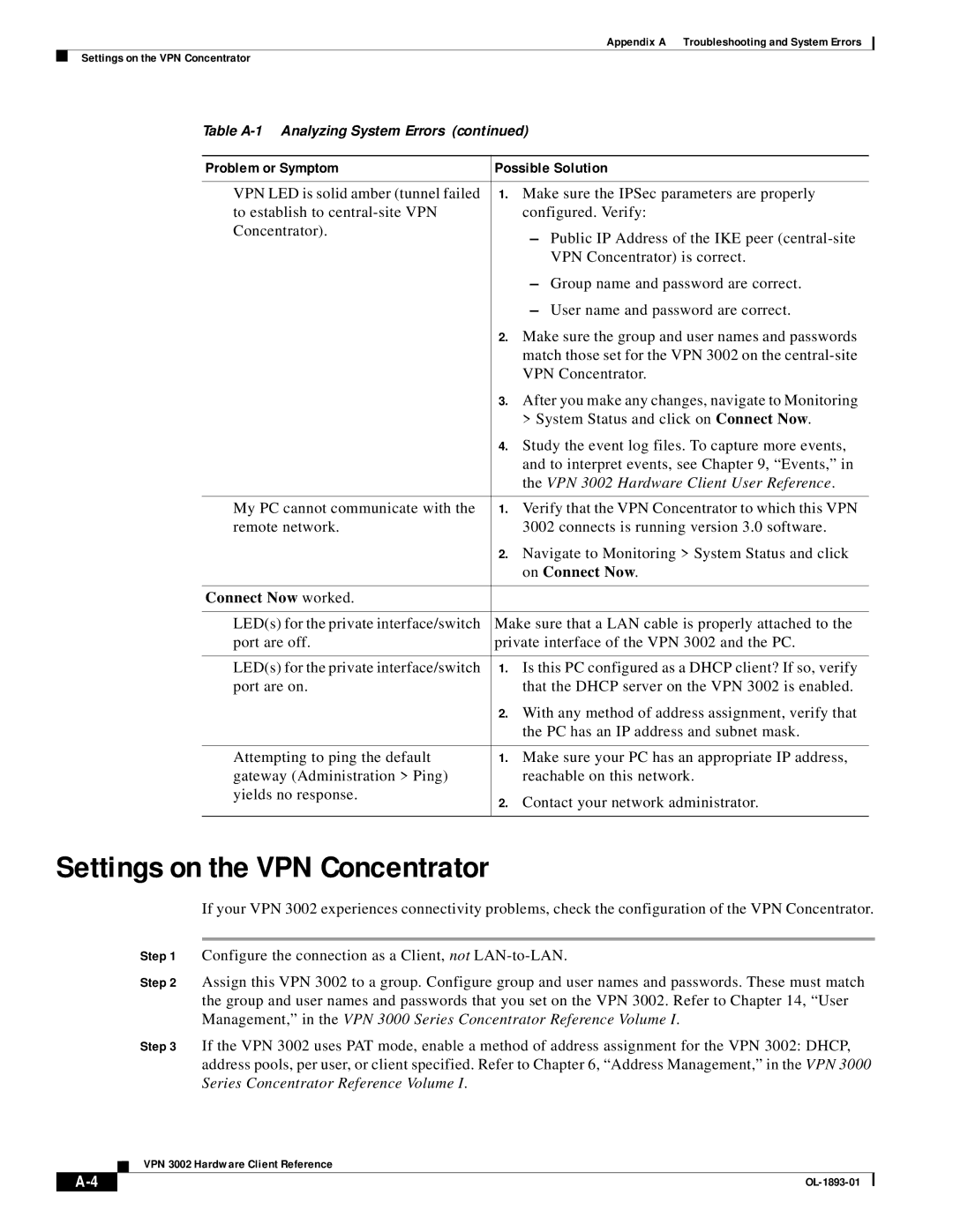 Cisco Systems VPN 3002 manual Settings on the VPN Concentrator, On Connect Now, Connect Now worked 