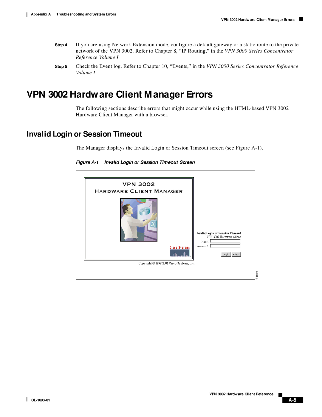 Cisco Systems manual VPN 3002 Hardware Client Manager Errors, Invalid Login or Session Timeout 