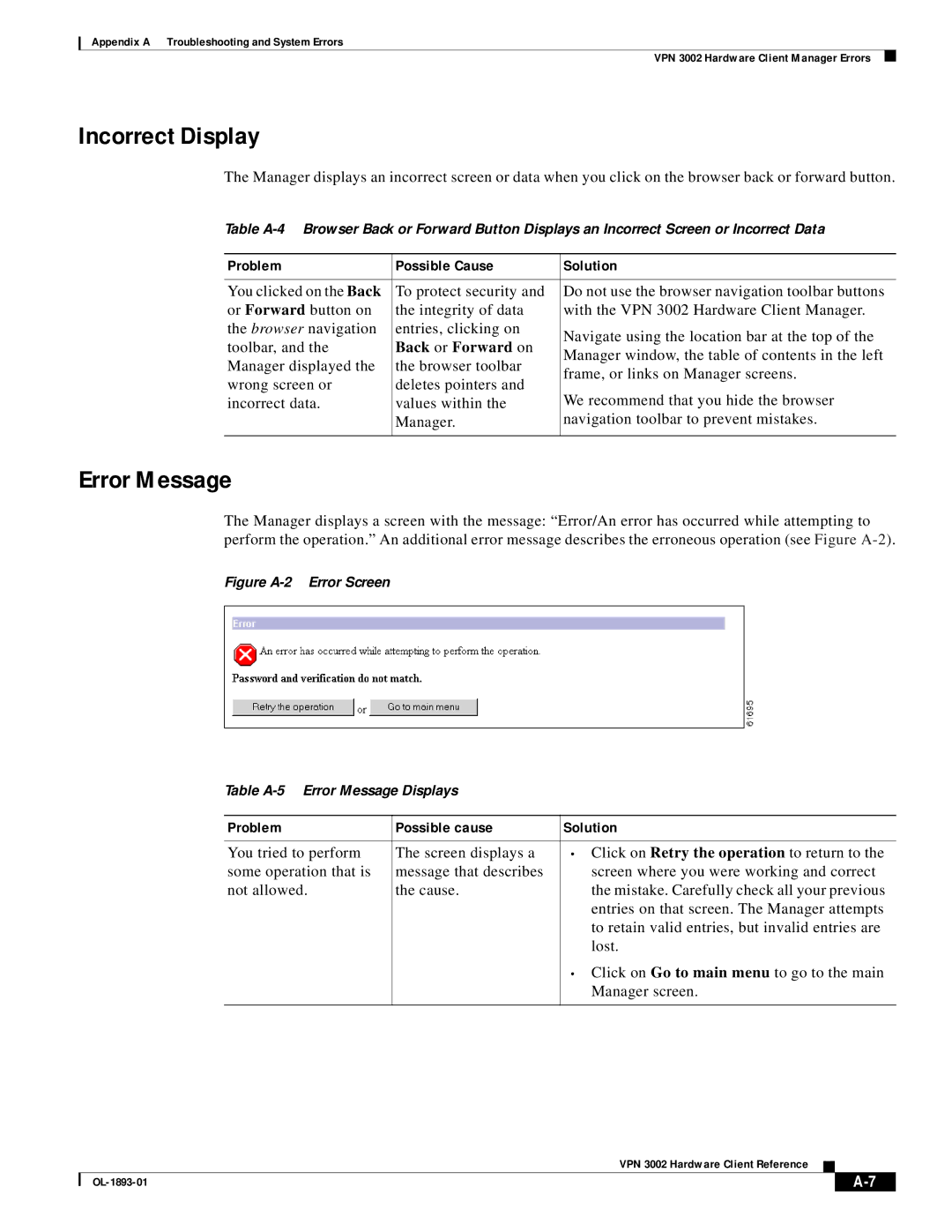 Cisco Systems VPN 3002 manual Incorrect Display, Error Message, Back or Forward on 