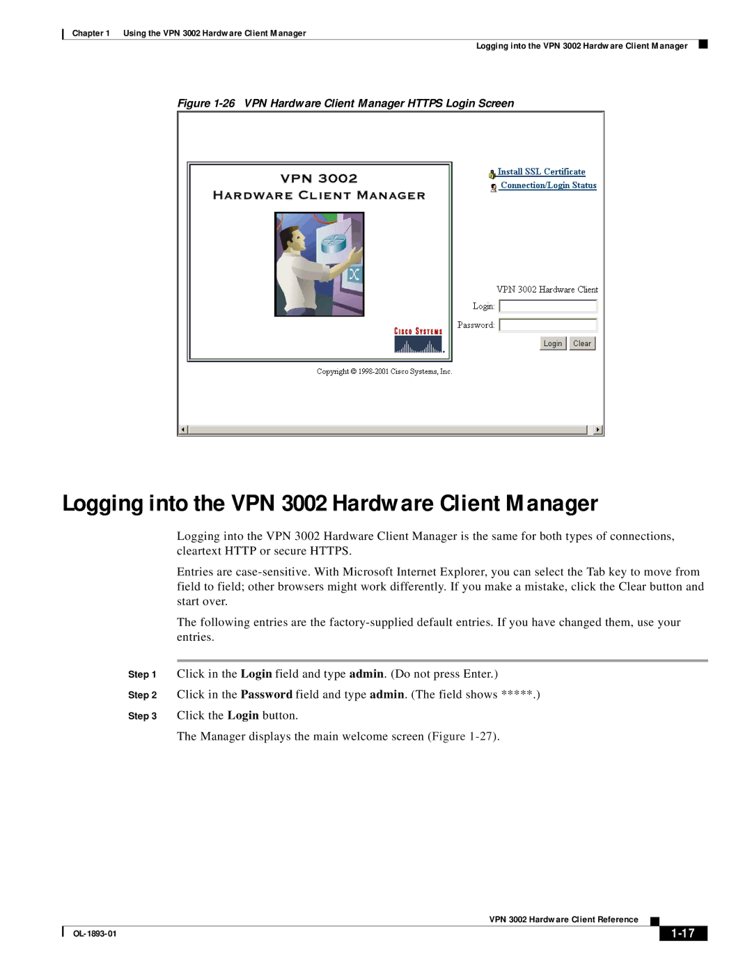 Cisco Systems manual Logging into the VPN 3002 Hardware Client Manager, VPN Hardware Client Manager Https Login Screen 