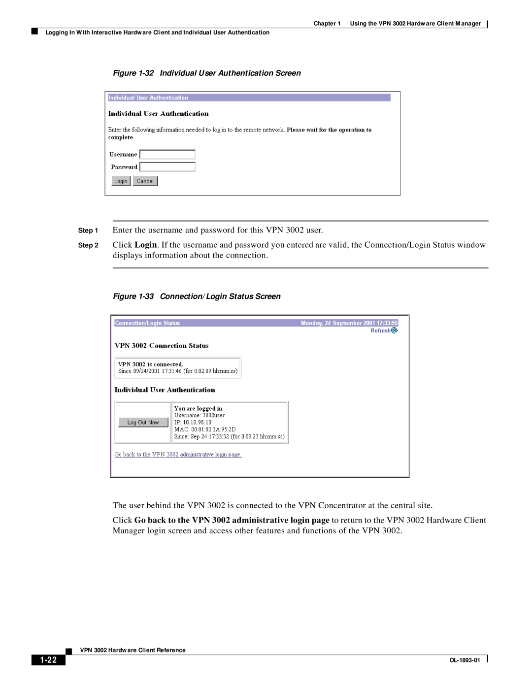 Cisco Systems VPN 3002 manual Individual User Authentication Screen 