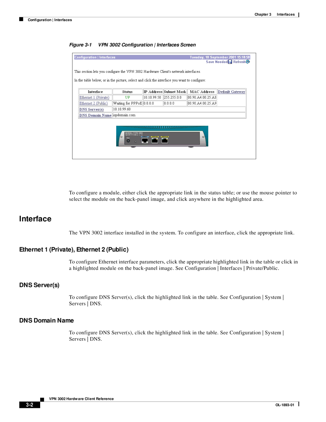 Cisco Systems VPN 3002 manual Interface, Ethernet 1 Private, Ethernet 2 Public, DNS Servers, DNS Domain Name 