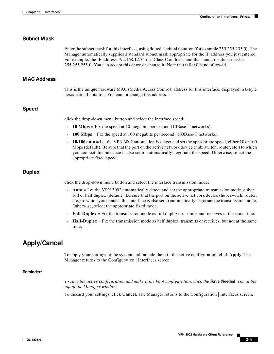 Cisco Systems VPN 3002 manual Apply/Cancel, Subnet Mask, Speed, Duplex 