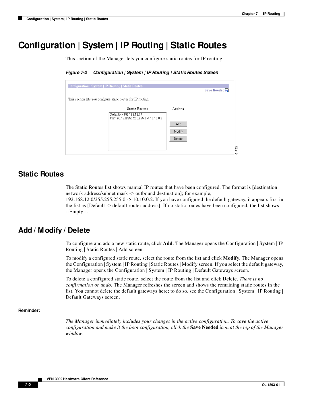 Cisco Systems VPN 3002 manual Configuration System IP Routing Static Routes, Add / Modify / Delete 