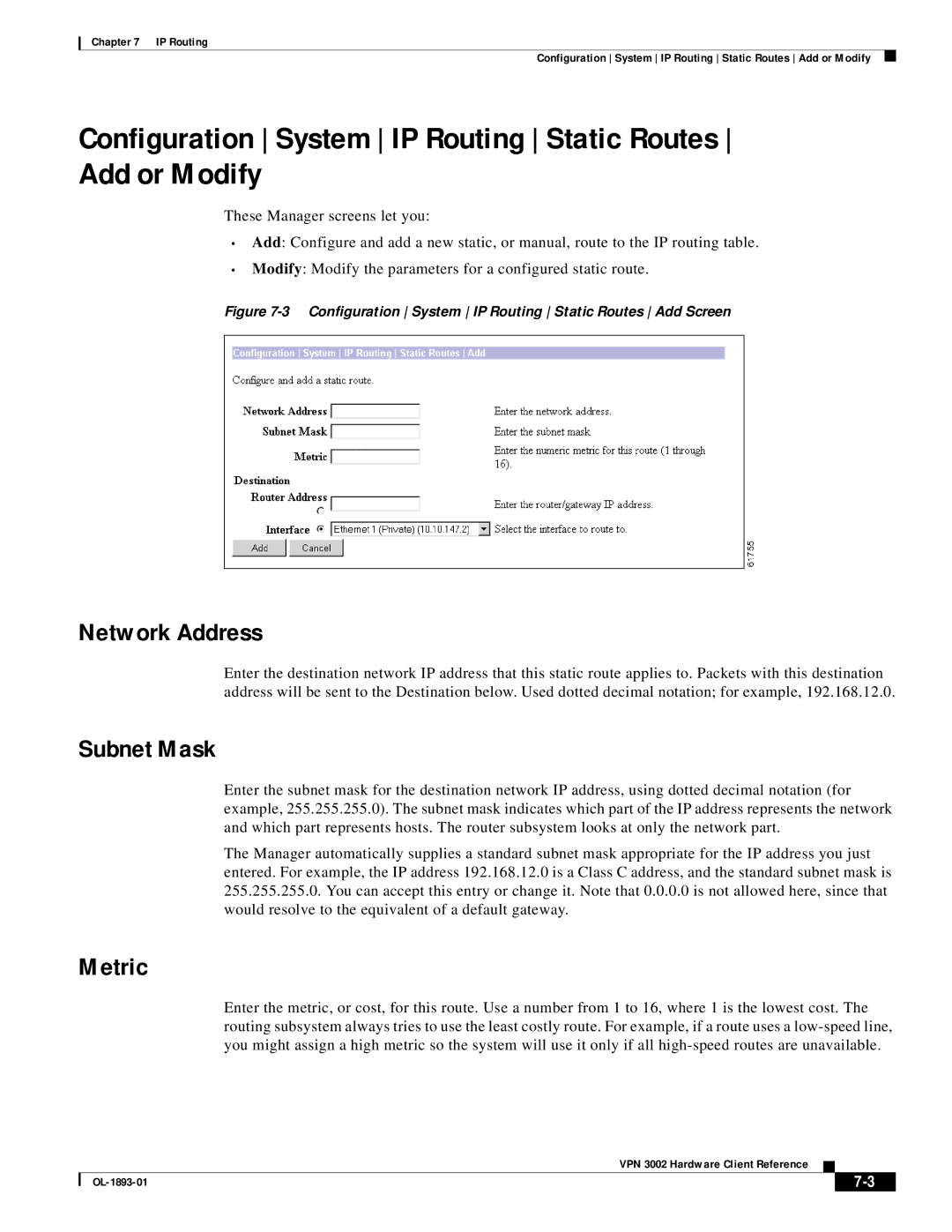 Cisco Systems VPN 3002 manual Configuration System IP Routing Static Routes Add or Modify, Network Address, Metric 