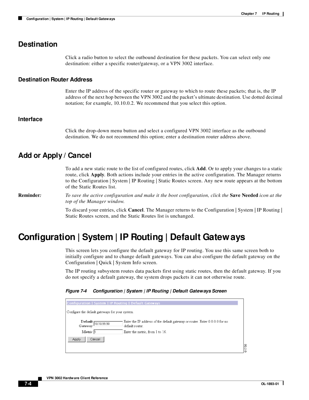 Cisco Systems VPN 3002 Configuration System IP Routing Default Gateways, Destination, Add or Apply / Cancel, Interface 