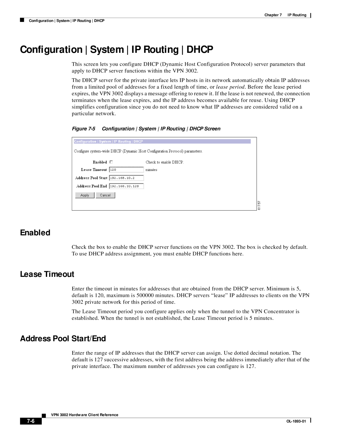 Cisco Systems VPN 3002 manual Configuration System IP Routing Dhcp, Lease Timeout, Address Pool Start/End 