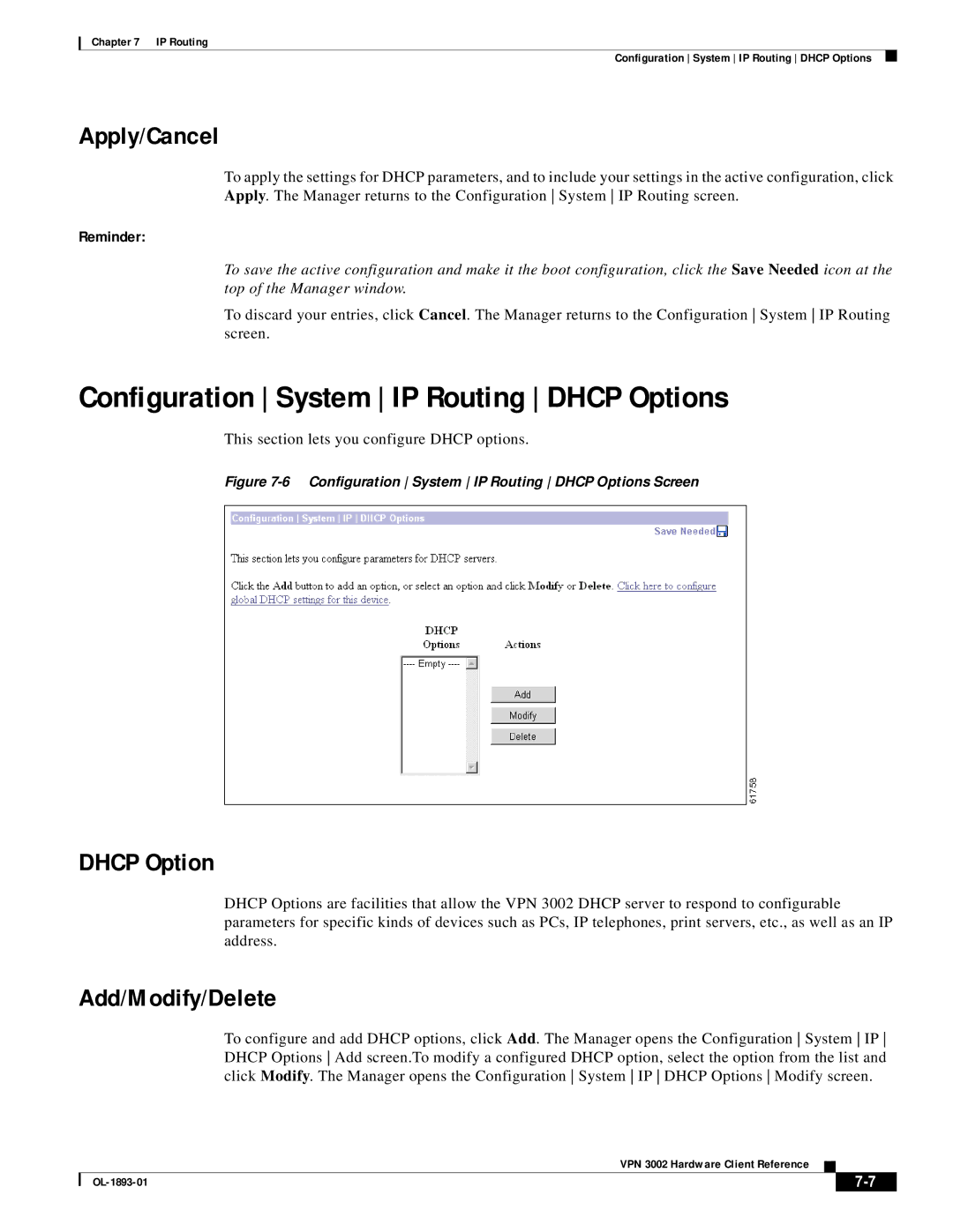 Cisco Systems VPN 3002 manual Configuration System IP Routing Dhcp Options, Add/Modify/Delete 