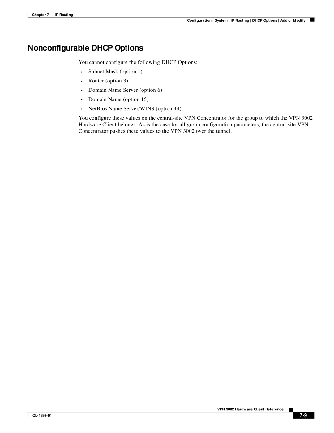 Cisco Systems VPN 3002 manual Nonconfigurable Dhcp Options 