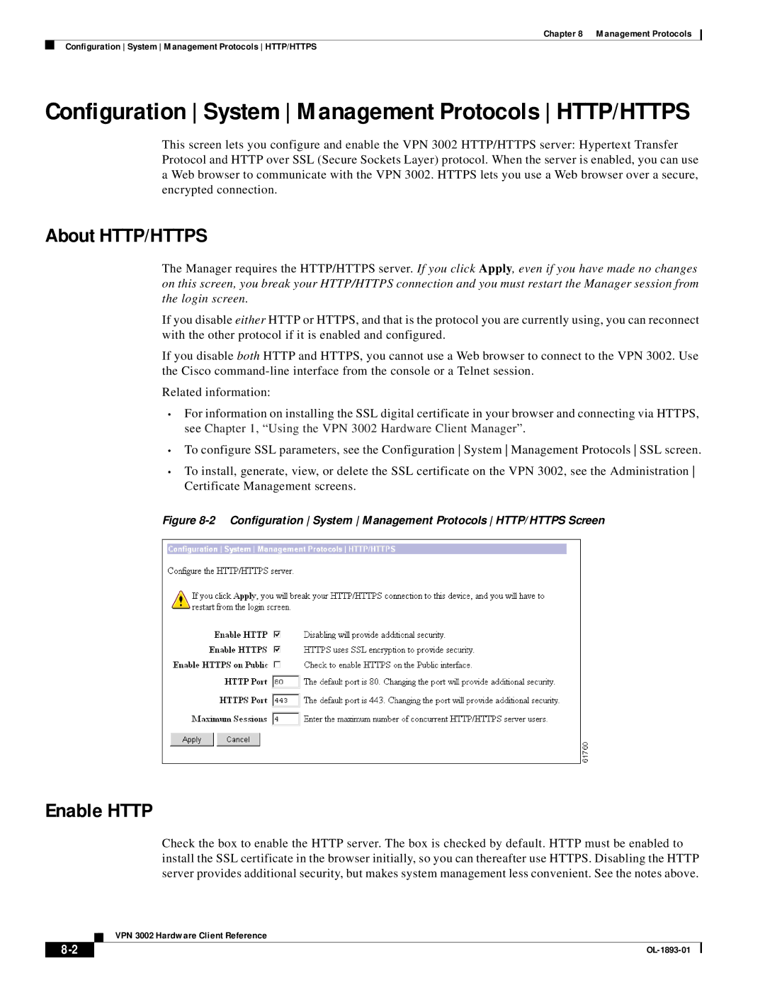 Cisco Systems VPN 3002 manual About HTTP/HTTPS, Enable Http 