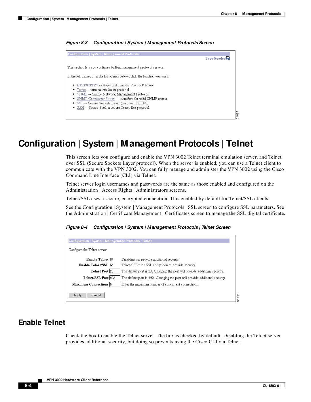 Cisco Systems VPN 3002 manual Configuration System Management Protocols Telnet, Enable Telnet 