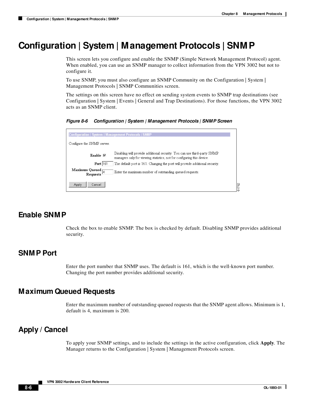 Cisco Systems VPN 3002 Configuration System Management Protocols Snmp, Enable Snmp, Snmp Port, Maximum Queued Requests 